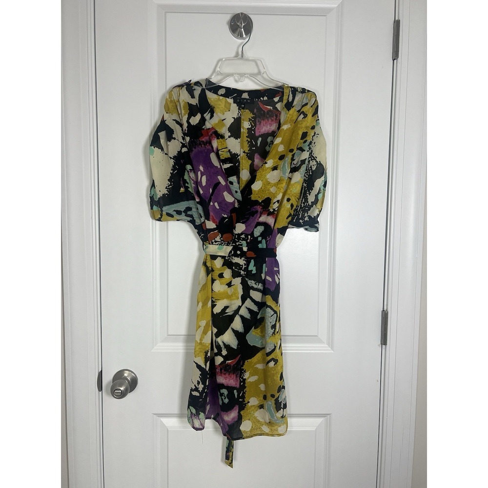 GLAM Abstract Print Mini Dress Sheer Self Tie Waist Band Medium Beach Cover Up